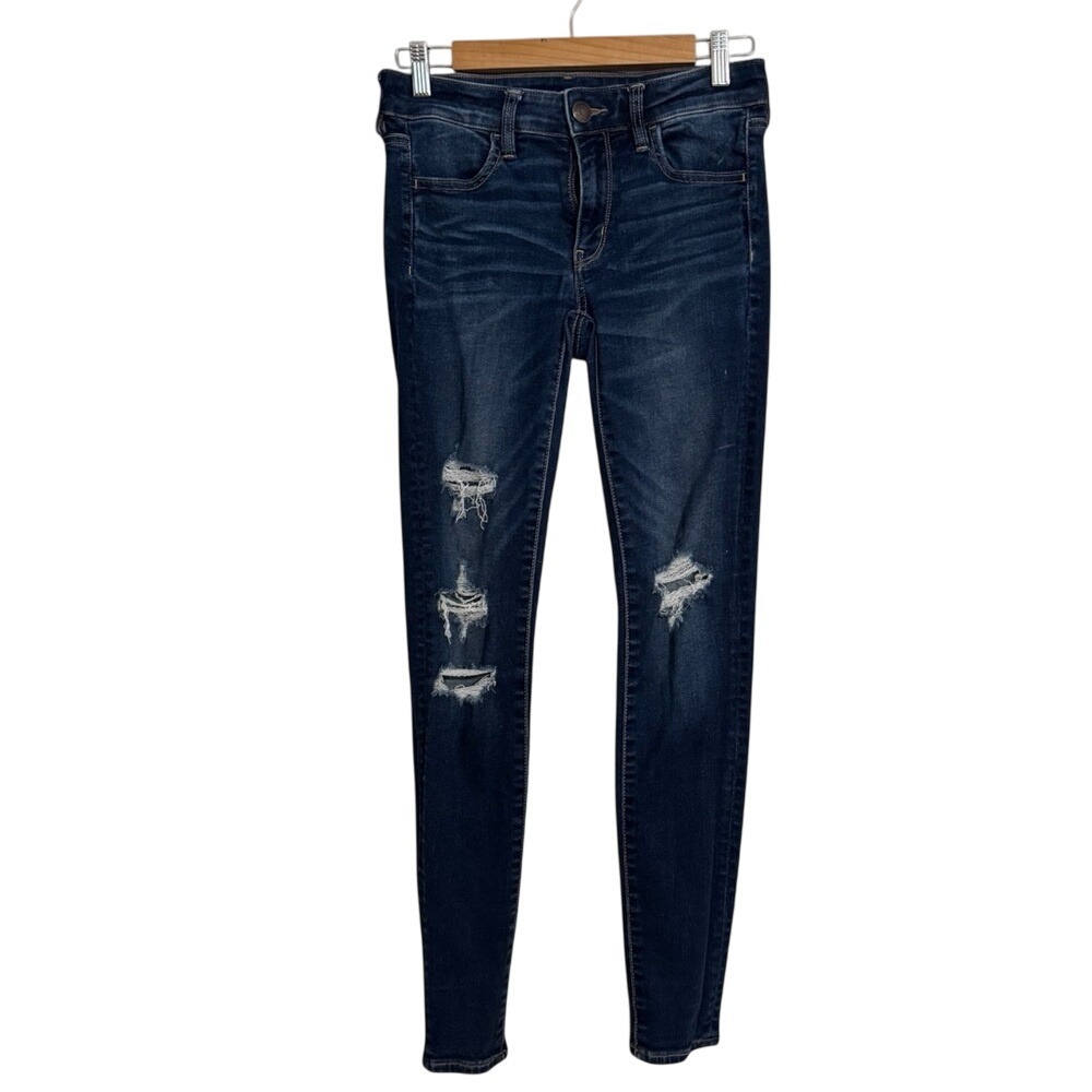 American Eagle Super High Rise Jeggings‎ Dark Wash Ripped Distressed Jeans